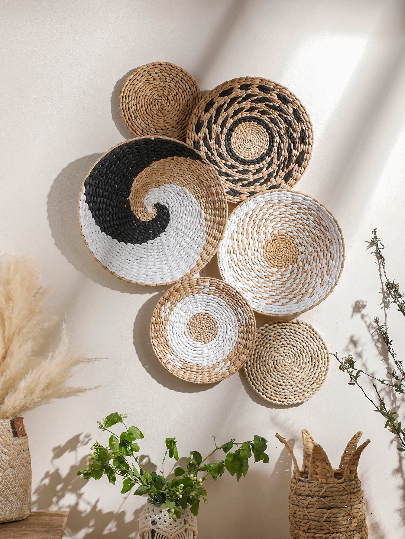 Rustic Nordic Farmhouse Handmade Wicker Weave Discs Wall Hanging Decorations Table Mats For Kitchen Living Room Coffee Table Dining Room Home Decor