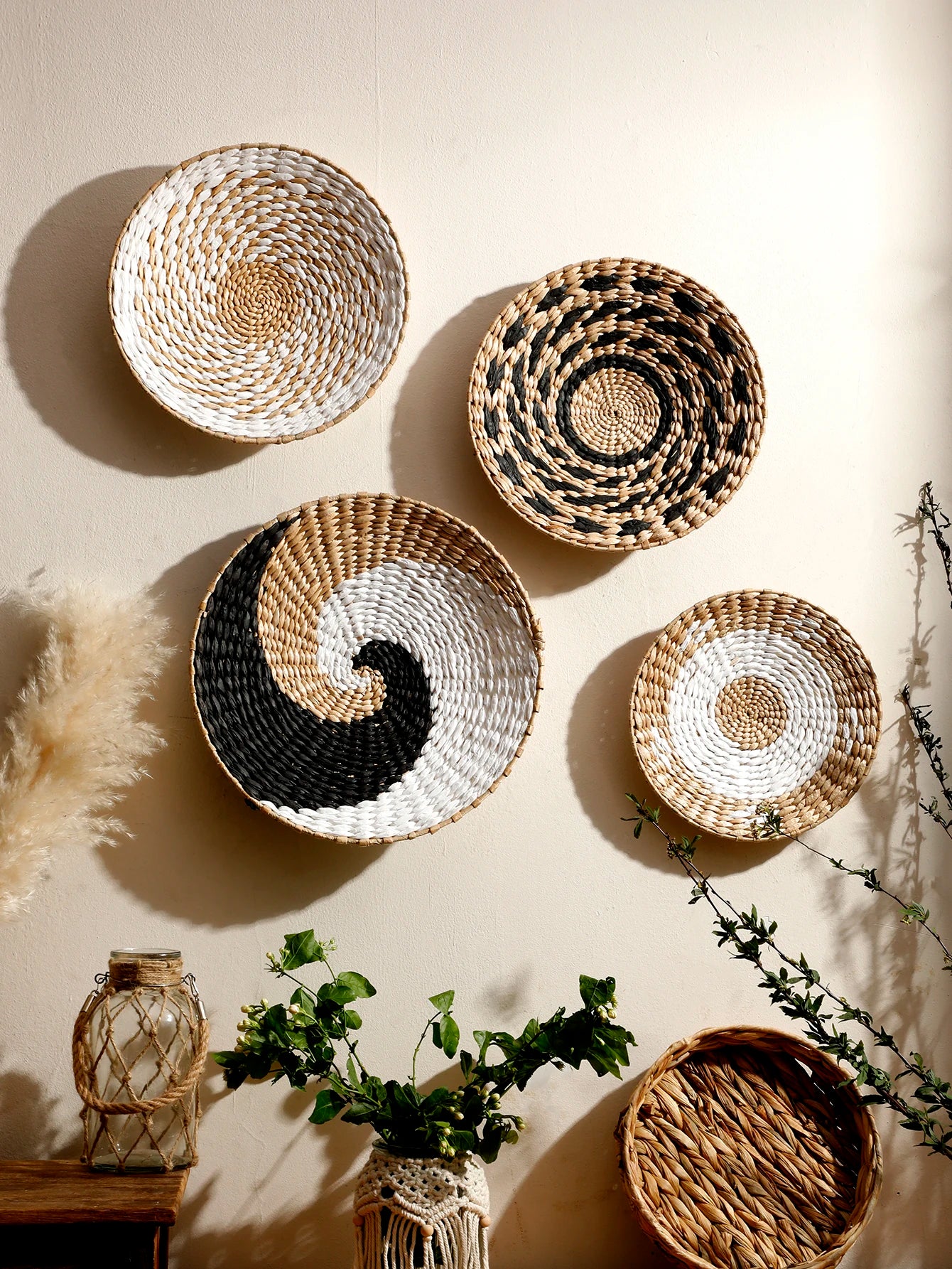 Rustic Nordic Farmhouse Handmade Wicker Weave Discs Wall Hanging Decorations Table Mats For Kitchen Living Room Coffee Table Dining Room Home Decor