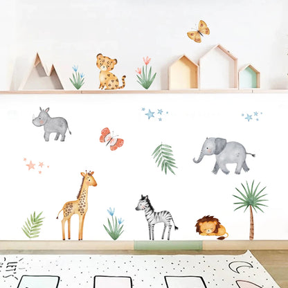 Cartoon Jungle Animals Nursery Wall Stickers Hippo Lion Zebra Giraffe Removable Peel & Stick Vinyl Wall Decals For Creative Kid's Room Decor