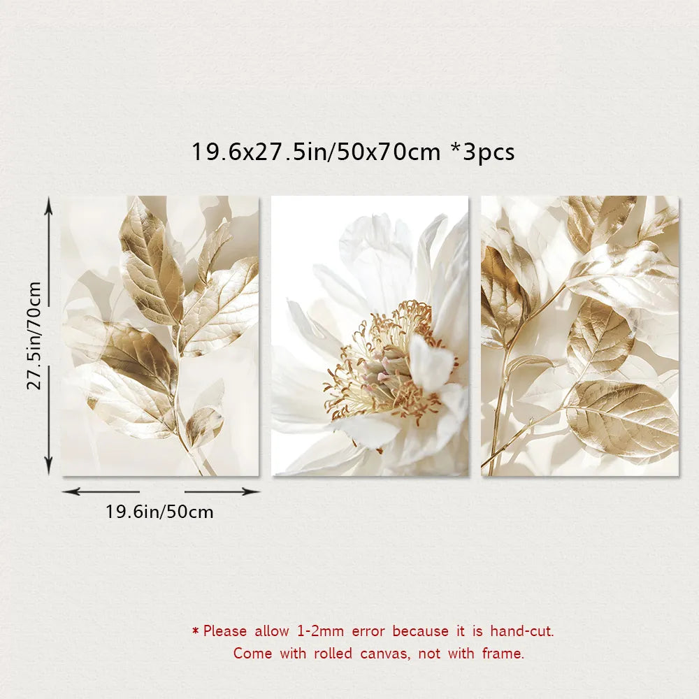 3PCS Modern White Floral Golden Leaves Posters Wall Art Canvas Painting Prints Pictures Living Room Interior Home Decoration