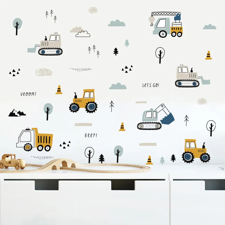 Cute Construction Tractors & Trucks Wall Stickers For Boy's Room Removable Peel & Stick Vinyl Wall Decals For Kids Bedroom Creative DIY Decor