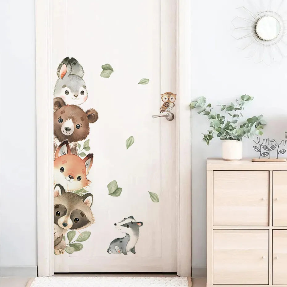Cartoon Door Stickers Forest Animals Bear Rabbit Watercolor Wall Sticker for Kids Room Baby Nursery Room Wall Decals Home Decor