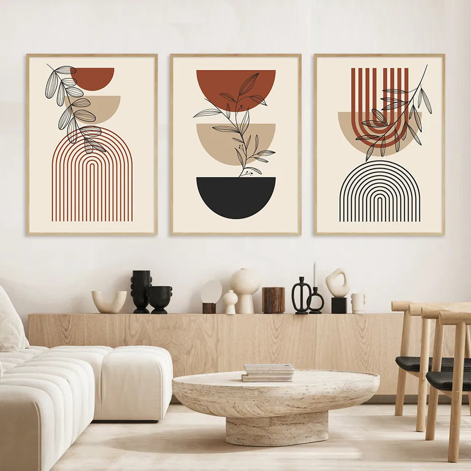 3pcs Modern Abstract Green Plants Leaf Sun Lines Wall Boho Art Canvas Painting Posters Prints Pictures Living Room Decor Gifts
