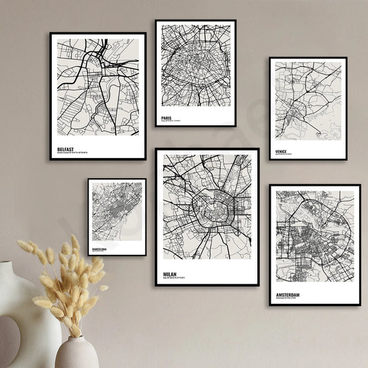 Minimalist City Map Posters - London, Berlin, Paris, Kiev, Barcelona, Milan, Amsterdam, Prague, Athens, Liverpool, Florence, Belfast, Venice. Wall Map Black White Fine Art Canvas Prints Stylish Minimalist Posters For Home/Office