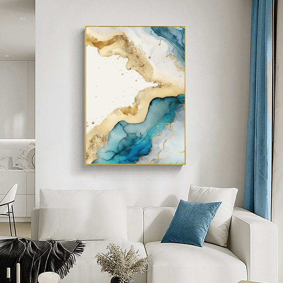 Abstract Blue Aqua Liquid Golden Marble Print Wall Art Fine Art Canvas Prints Pictures For Luxury Living Room Dining Room Home Office Decor