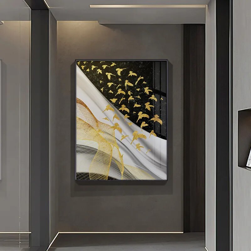 Modern Abstract Birds Flowing Wall Art Fine Art Canvas Prints Black White Nordic Golden Pictures For Luxury Apartment Living Room Home Office Decor