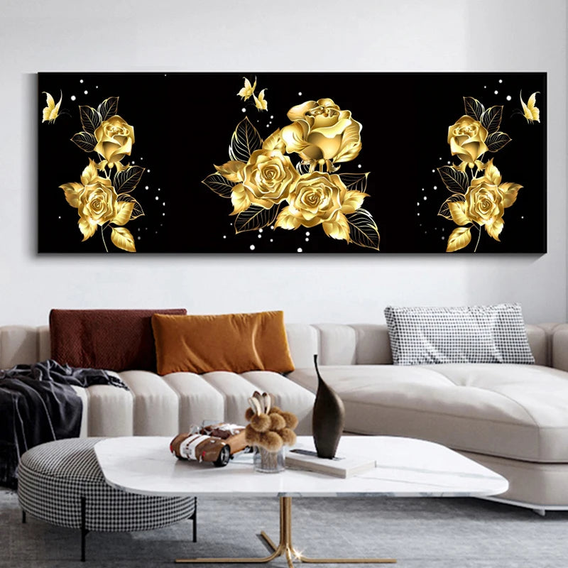 Light Luxury Black Golden Rose Floral Wall Art Fine Art Canvas Prints Wide Format Pictures For Above The Sofa Art For Above The Bed