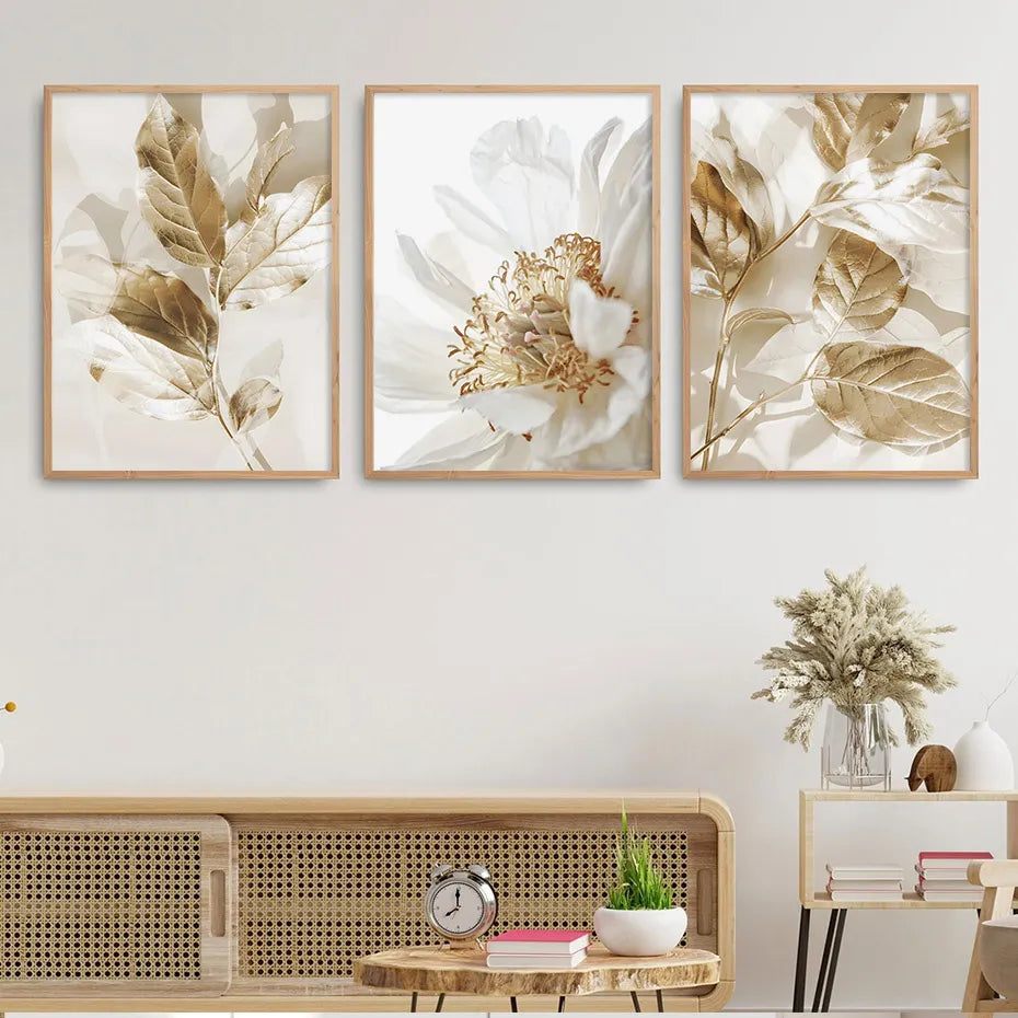 3PCS Modern White Floral Golden Leaves Posters Wall Art Canvas Painting Prints Pictures Living Room Interior Home Decoration