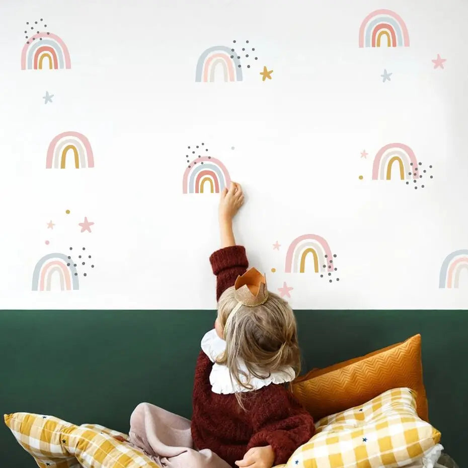 Cute Pink Rainbow Stars Nursery Wall Stickers Removable Peel & Stick Vinyl Wall Decals For Baby's Room Creative DIY Wall Decor For Girl's Room