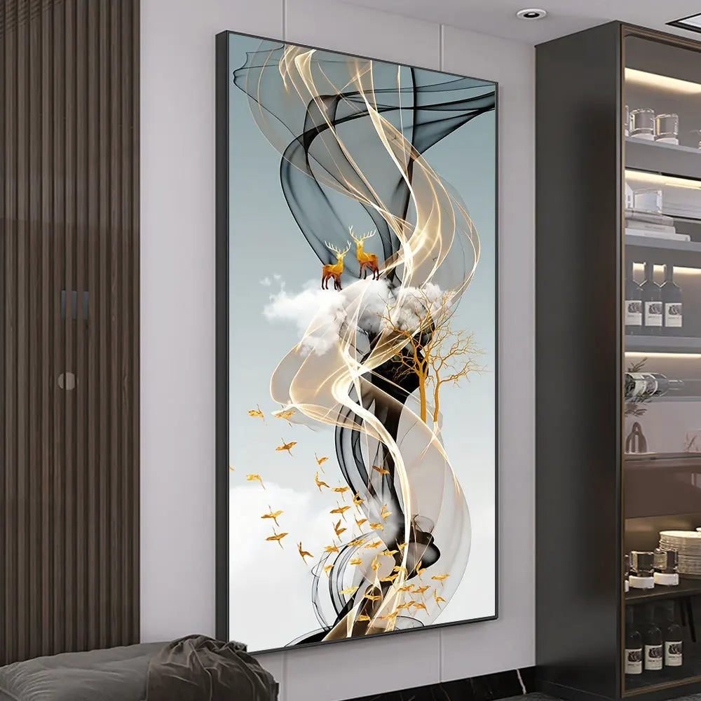 Mystical Golden Deer Flowing Landscape Wall Art Fine Art Canvas Prints Vertical Format Auspicious Nordic Pictures For Entrance Hall Decor