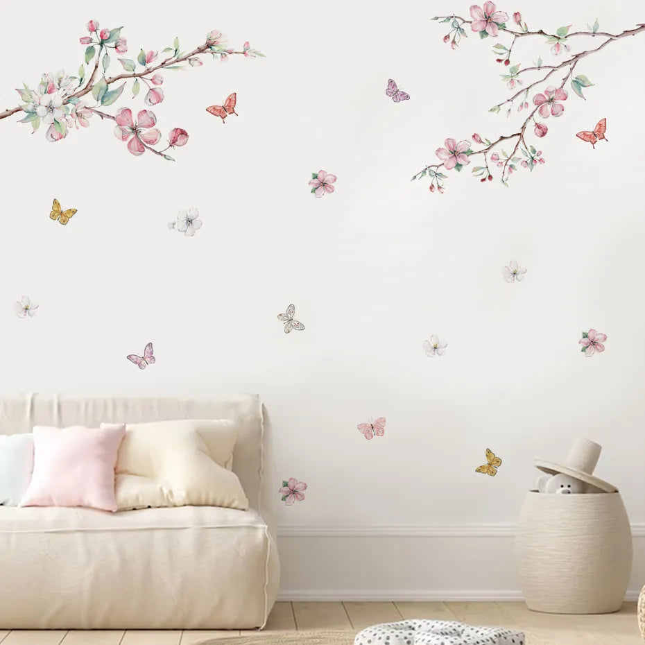 Pink Flower Butterfly Tree Branch Wall Mural Sticker Removable Peel & Stick PVC Wall Decal For Kid's Nursery Room Creative DIY Home Decoration