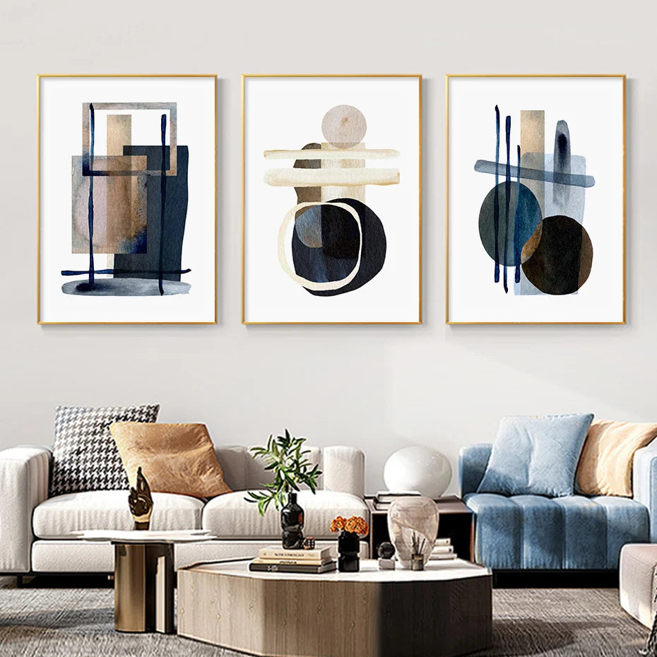 Neutral Colors Blue Brown Beige Watercolor Abstract Geometric Wall Art Fine Art Canvas Prints Pictures For Living Room Dining Room Bedroom Art Decor