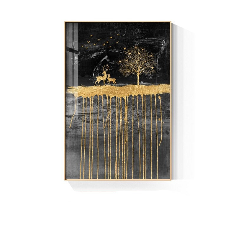 Black Golden Deer Auspicious Landscape Wall Art Fine Art Canvas Prints Nordic Abstract Pictures For Luxury Living Room Home Office Decor
