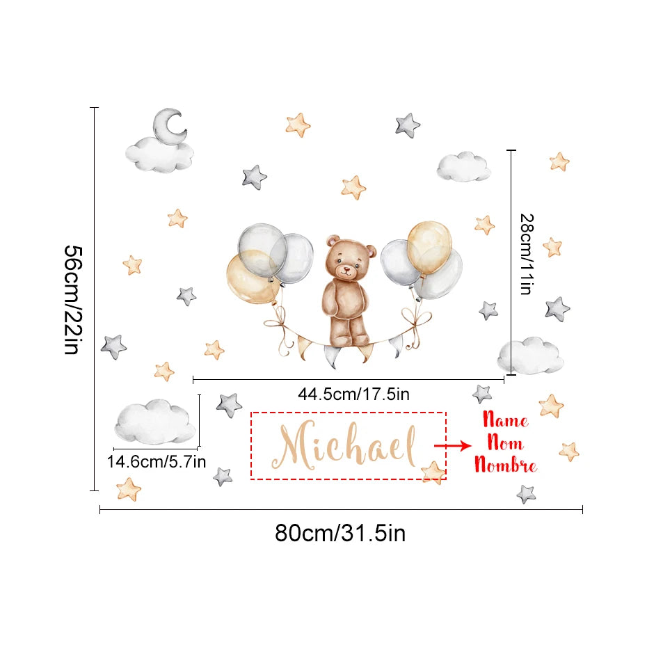 Personalized Bear Balloons Baby's Name Wall Decals For Nursery Room Removable Peel & Stick PVC Wall Stickers For Creative DIY Home Decor