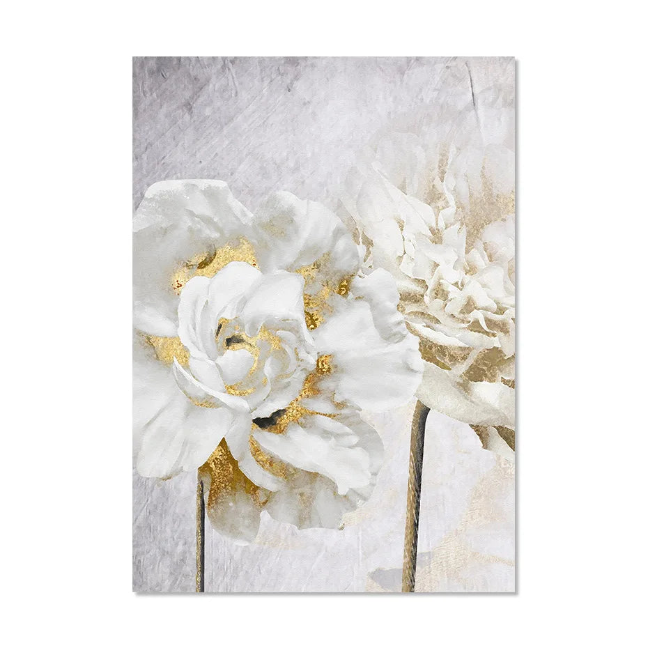 Opulent Blossoms Elegant White Flowers with Gold Accents Canvas Wall Art Fine Art Canvas Prints Posters Floral Pictures For Modern Living Room