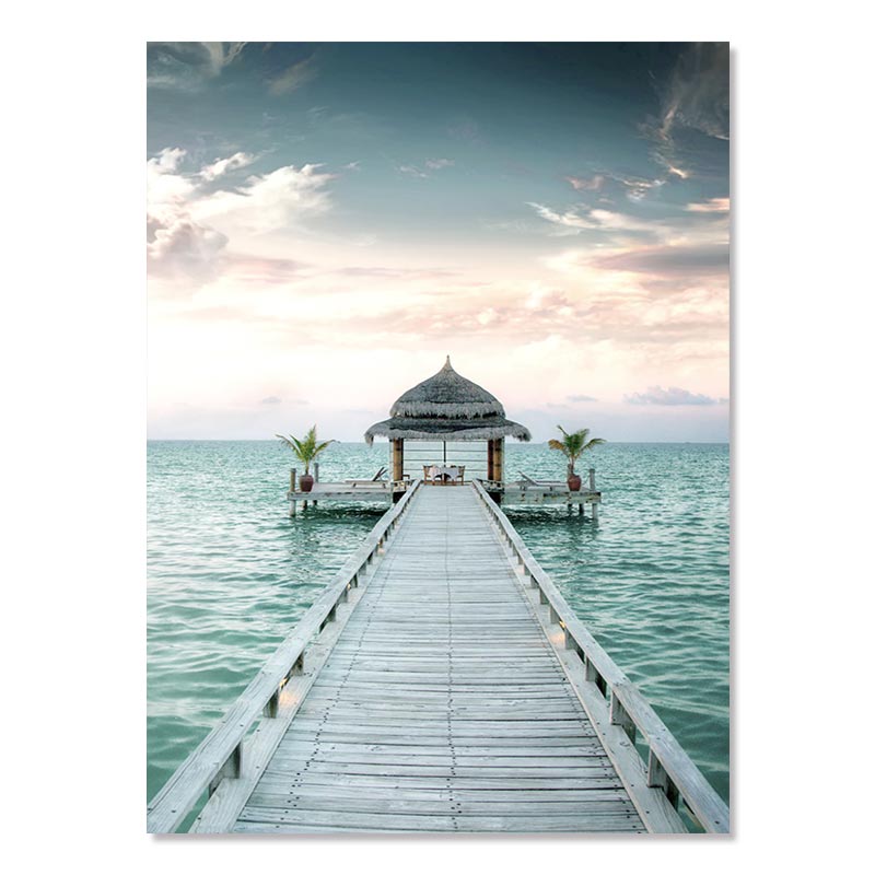 Beach Sea Ocean Poster Wall Art Canvas Painting Bridge Leaves Turtle Seagull Print Vibrant Summer Picture Nordic Home Decoration