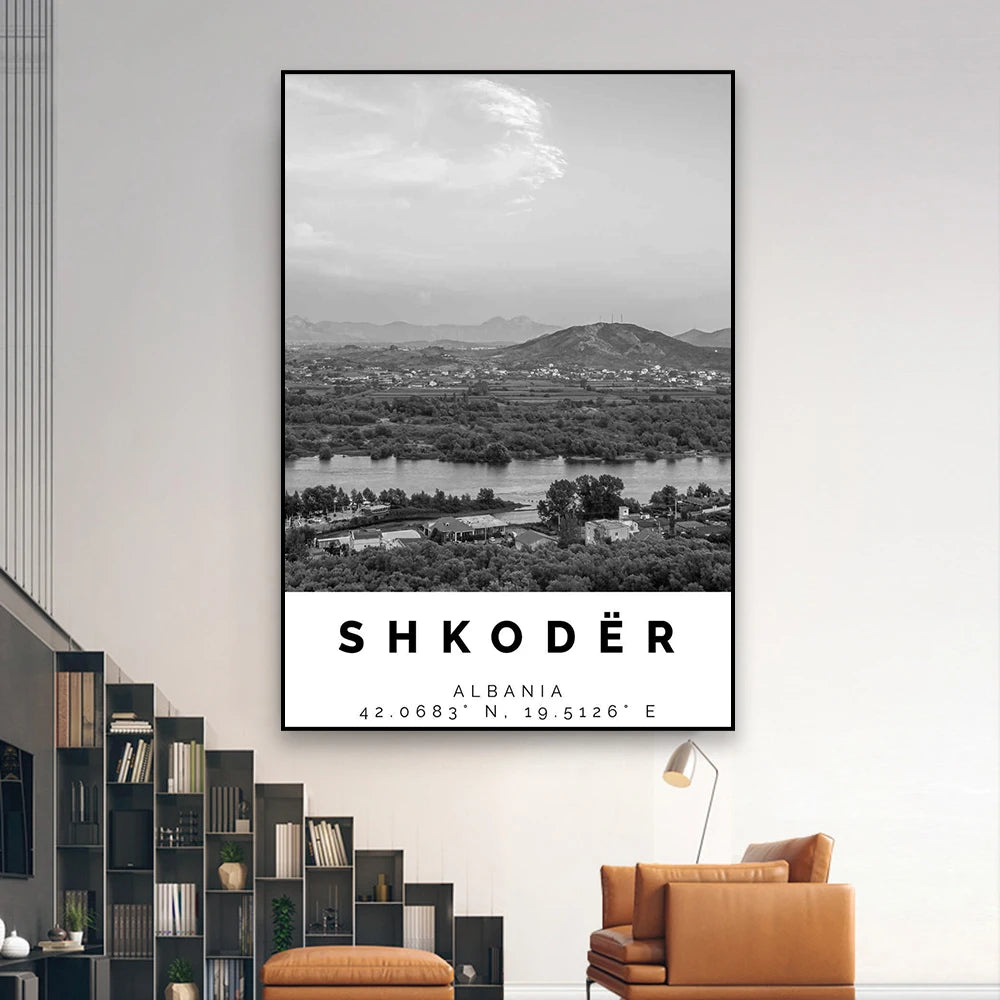 Shkoder Albania Travel Poster Black White Balkan Cityscape Landscape Wall Art Fine Art Canvas Prints Pictures For Home Office Decor