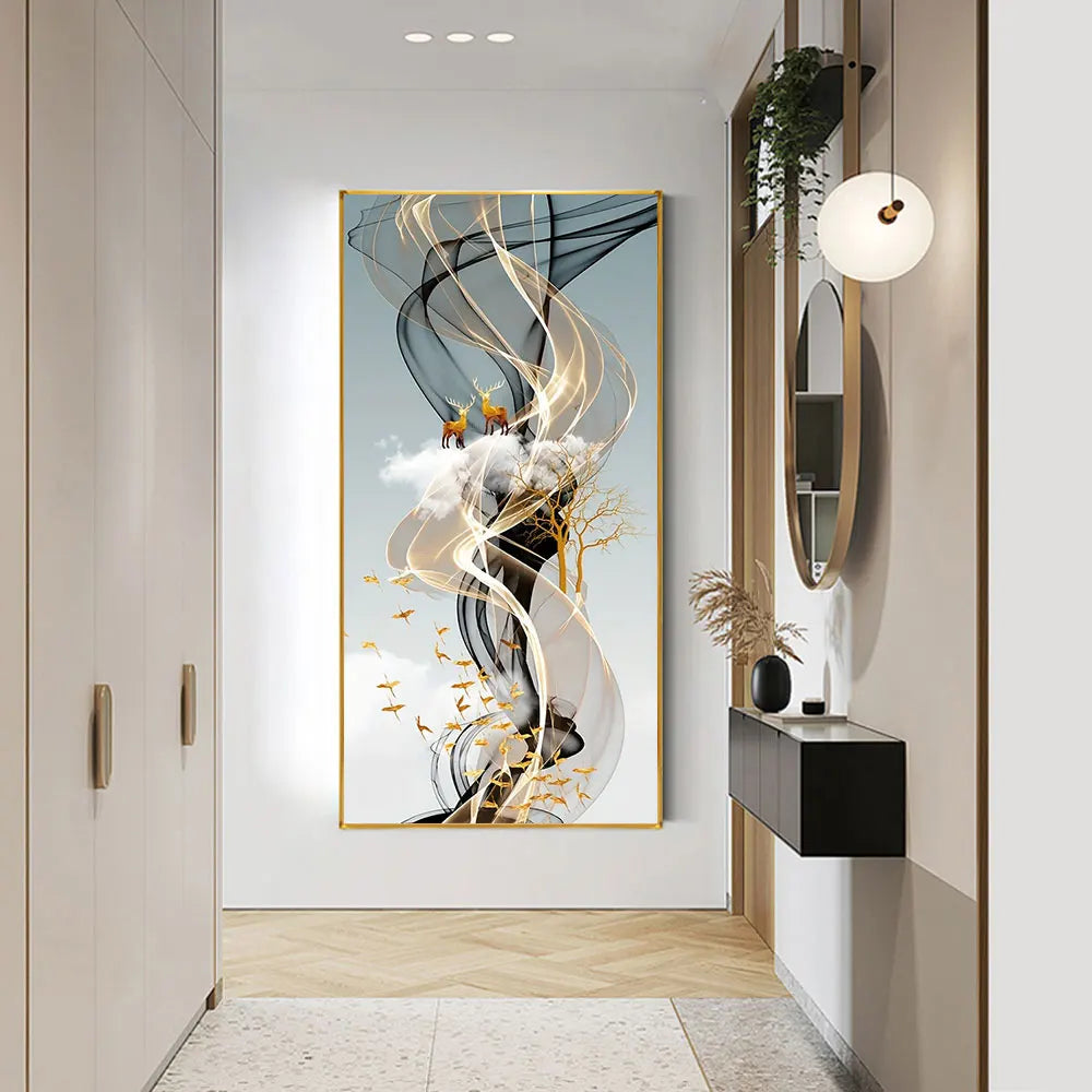 Mystical Golden Deer Flowing Landscape Wall Art Fine Art Canvas Prints Vertical Format Auspicious Nordic Pictures For Entrance Hall Decor