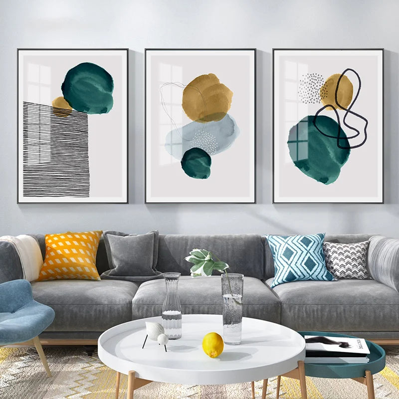 Green Yellow Black Abstract Shape & Line Minimalist Nordic Wall Art Fine Art Canvas Prints Pictures For Living Room Home Office Decor