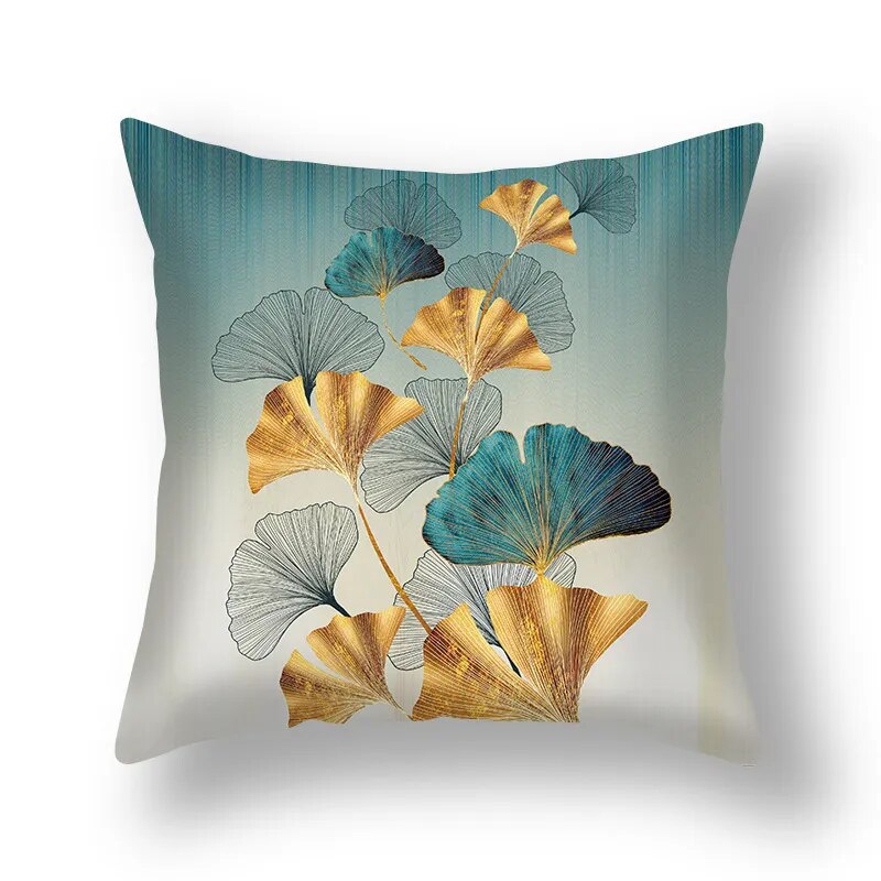 Auspicious Jade Green Golden Leaf Pillow Cushion Covers 45x45cm Printed Sofa Throw Cushion Cases For Living Room Bedroom Modern Home Decor