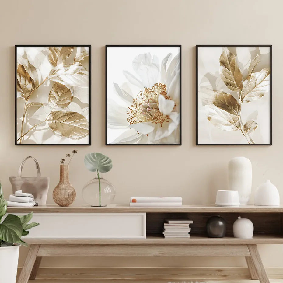 3PCS Modern White Floral Golden Leaves Posters Wall Art Canvas Painting Prints Pictures Living Room Interior Home Decoration
