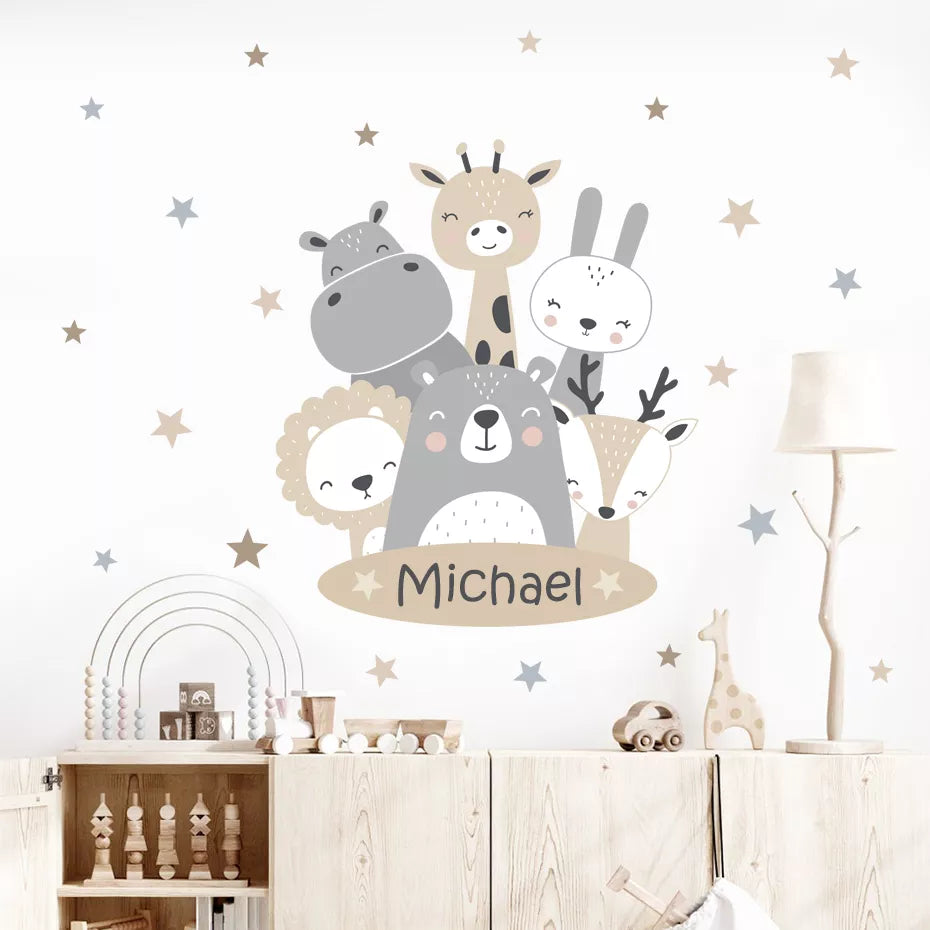 Cute Animals Baby Hippo Bear Lion Fox Deer Personalized Baby's Name Wall Decals Removable Peels & Stick PVC Wall Stickers For Nursery Wall Decor