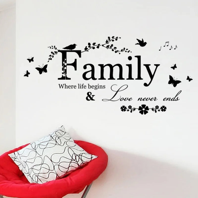 Family Quote Wall Decal Where Life Begins Love Never Ends Inspirational Words Wall Decor For Living Room Removable PVC Vinyl Creative DIY Decor