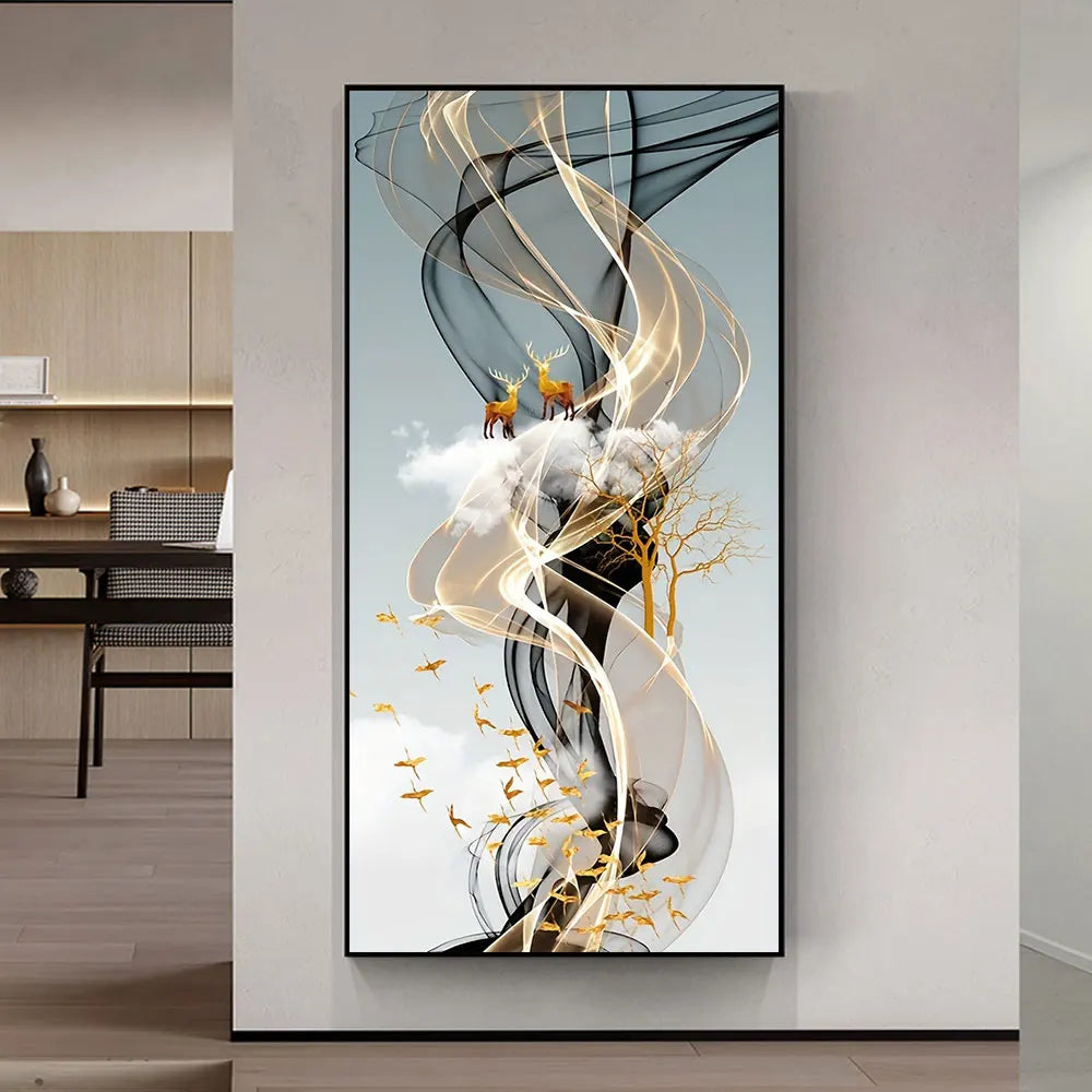 Mystical Golden Deer Flowing Landscape Wall Art Fine Art Canvas Prints Vertical Format Auspicious Nordic Pictures For Entrance Hall Decor