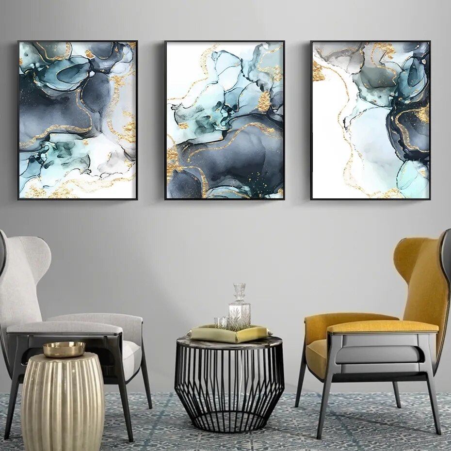 Nordic Abstract Shades Of Golden Blue Liquid Marble Print Wall Art Fine Art Canvas prints For Living Room Dining Room Bedroom Art Decor