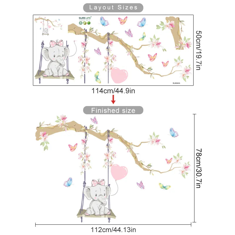 Cute Baby Elephant Balloons & Butterflies Wall Stickers For Children's Nursery Room Removable Peel & Stick Wall Decals For Creative DIY Home Decor