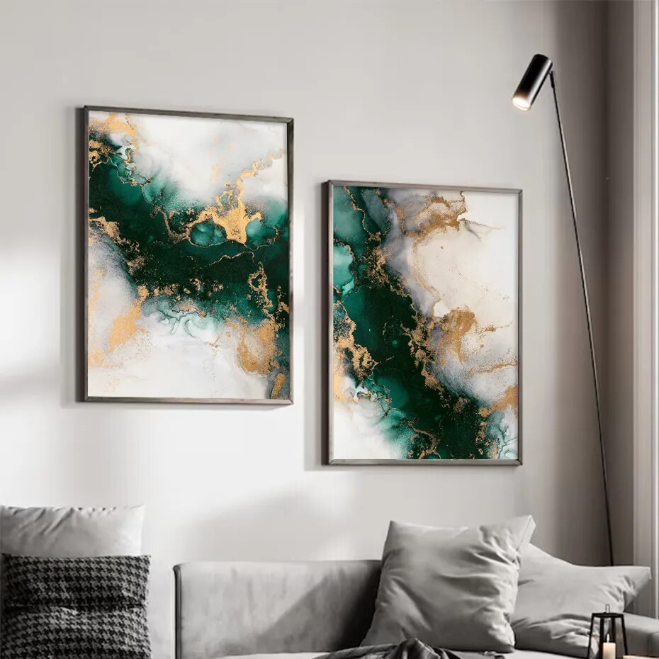 Nordic Green Beige Golden Liquid Marble Fine Art Canvas Prints Modern Abstract Pictures For Living Room Dining Room Home Office Art Decor.
