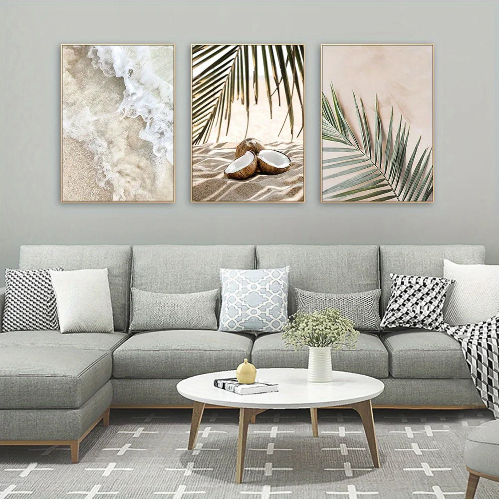 * Featured Sale * Set of 3Pcs White Waves Tranquil Beach Tropical Palm Leaves Wall Art Fine Art Canvas Prints Pictures Of Calm For Living Room