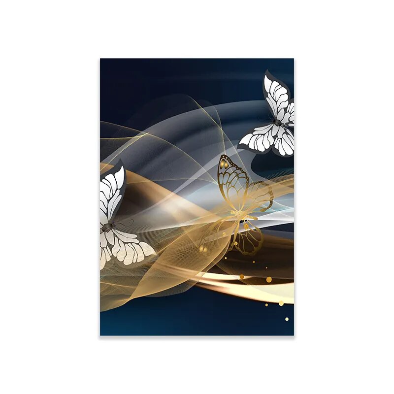 Blue Golden Butterflies Abstract Geometry Wall Art Fine Art Canvas Prints Modern Abstract Auspicious Pictures For Living Room Wall Decor