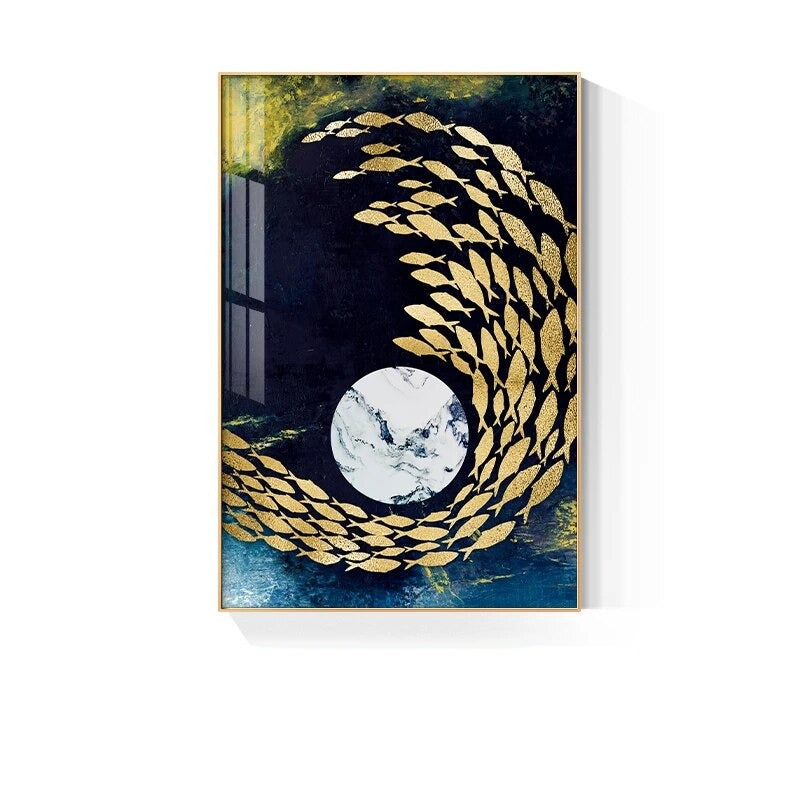 Auspicious Golden Fish In The Deep Blue Wall Art Fine Art Canvas Prints Modern Abstract Pictures For Home Office Boutique Hotel Art Decor