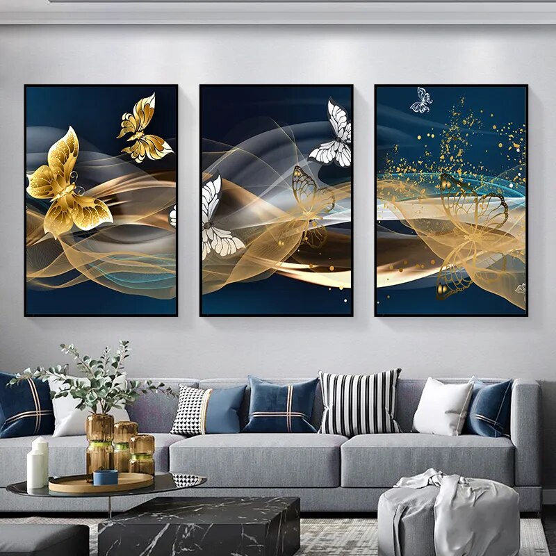 Blue Golden Butterflies Abstract Geometry Wall Art Fine Art Canvas Prints Modern Abstract Auspicious Pictures For Living Room Wall Decor