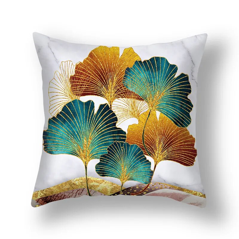 Auspicious Jade Green Golden Leaf Pillow Cushion Covers 45x45cm Printed Sofa Throw Cushion Cases For Living Room Bedroom Modern Home Decor