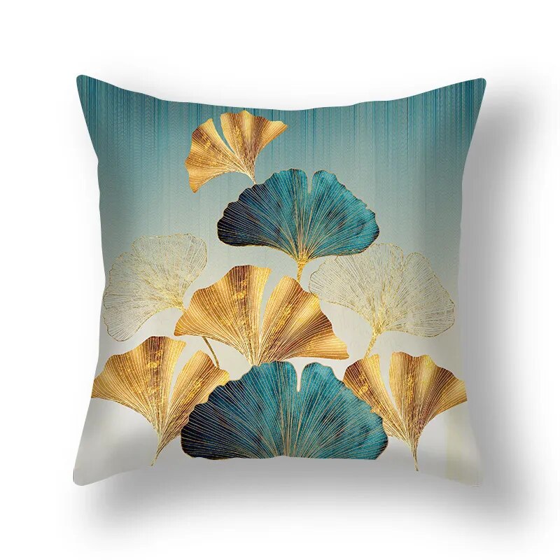 Golden Green Ginkgo Leaf Pillows Case 45X45cm Polyester Sofa Throw Cushion Cover Lucky Leaf Geometry Pillowcase For Home Decor