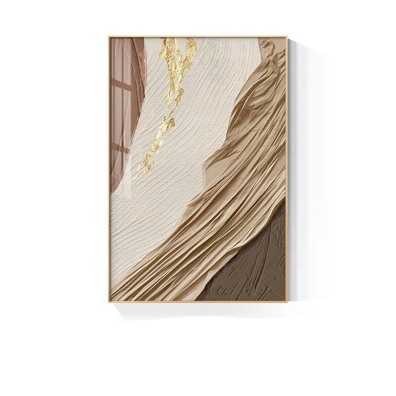 Golden Brown Beige Abstract Wall Art Flowing Silk Fine Art Canvas Prints Pictures For Luxury Penthouse Living Room Apartment Decor