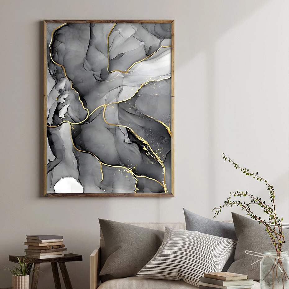 Black Gray Golden Vein Marble Wall Art Fine Art Canvas Prints Pictures For Modern Apartment Living Room Home Office Decor