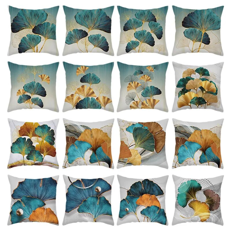 Golden Green Ginkgo Leaf Pillows Case 45X45cm Polyester Sofa Throw Cushion Cover Lucky Leaf Geometry Pillowcase For Home Decor