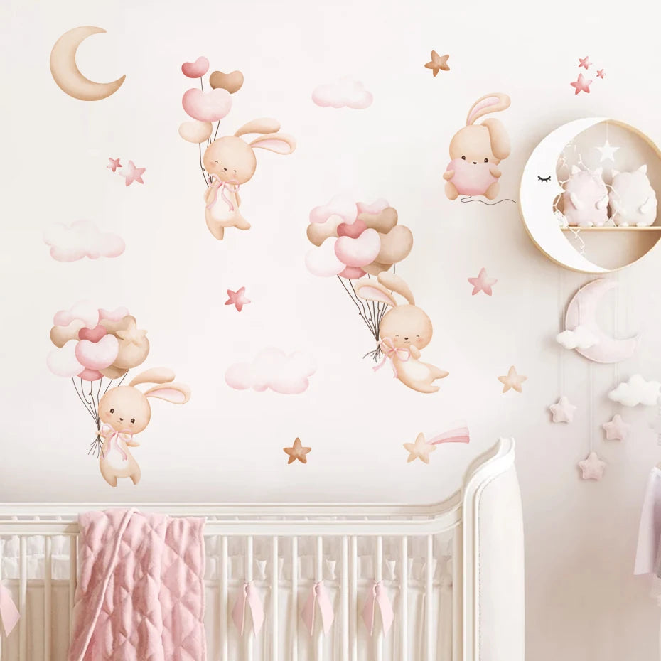 Pink Bunny Balloons Moon & Stars Wall Stickers For Kid's Room Removable Peel & Stick PVC Wall Decals For Creative DIY Children's Nursery Decor