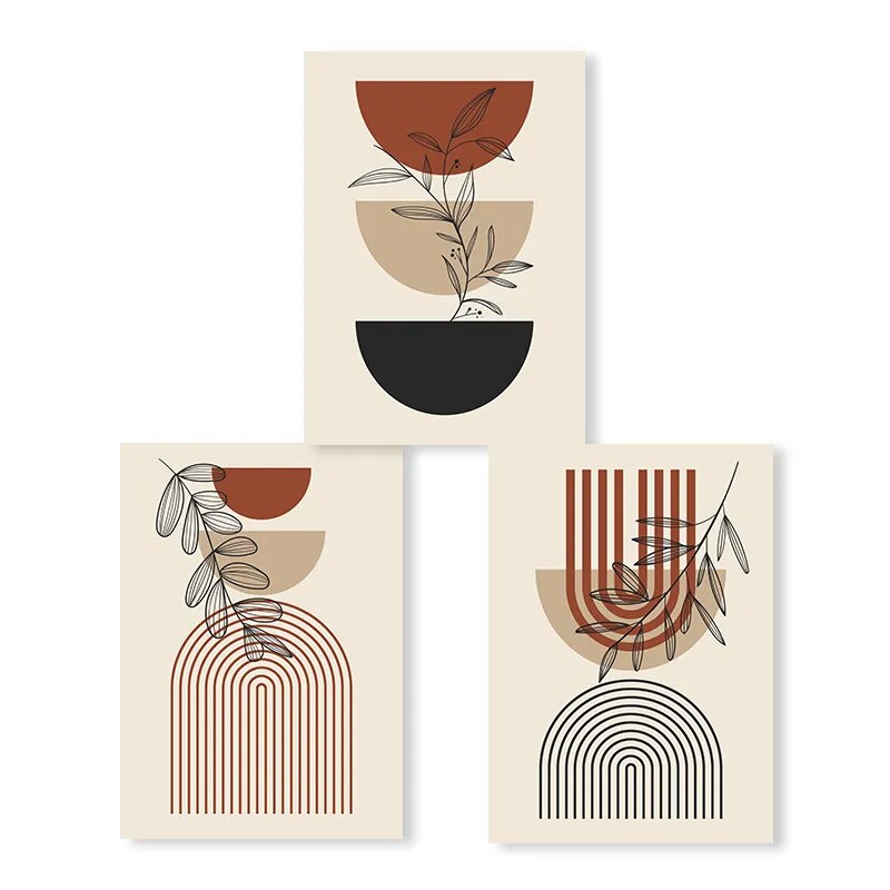 3pcs Modern Abstract Green Plants Leaf Sun Lines Wall Boho Art Canvas Painting Posters Prints Pictures Living Room Decor Gifts