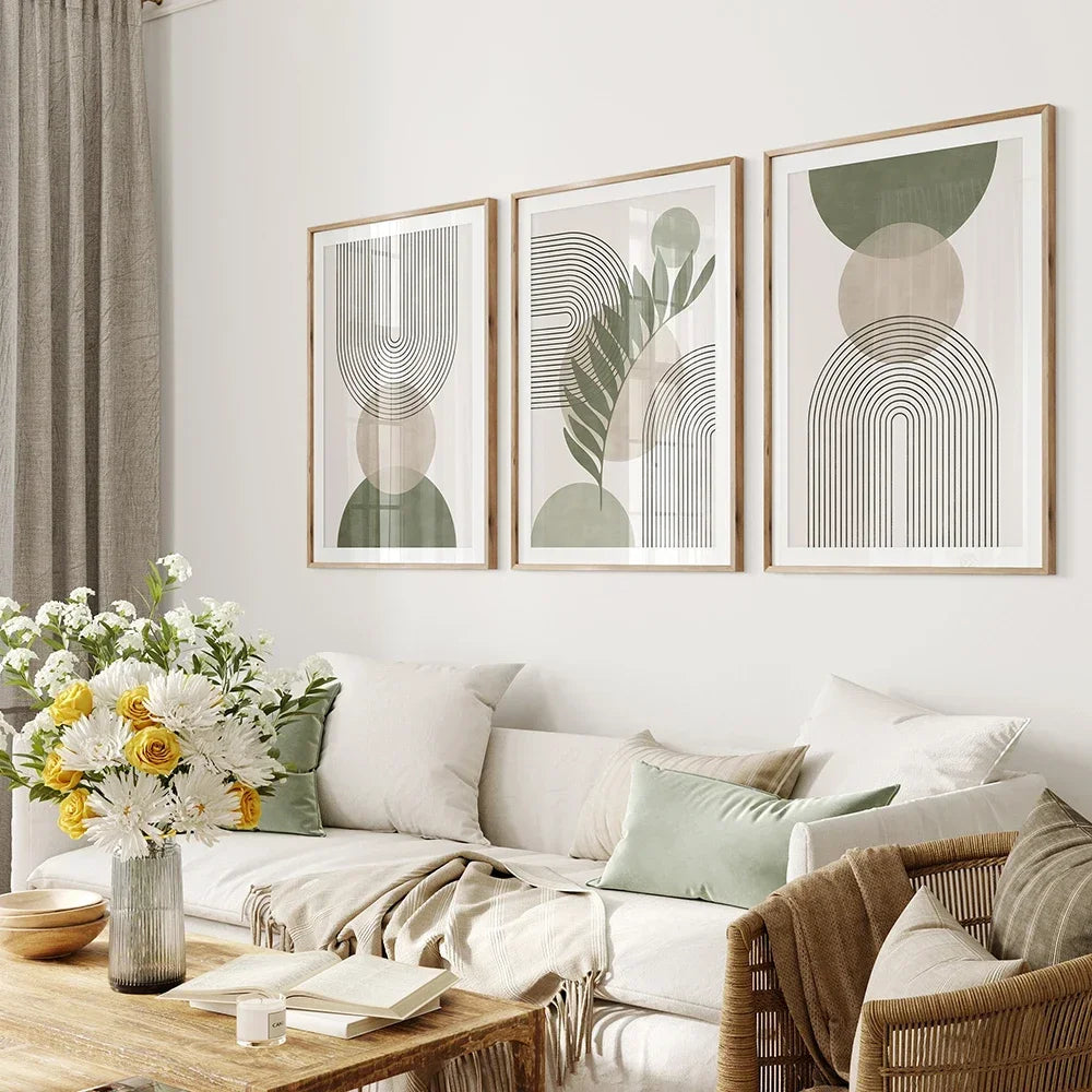 Set of 3Pcs Neutral Colors Beige Green Abstract Geometric Botanical Wall Art Fine Art Canvas Prints Pictures For Living Room Dining Room Art Decor