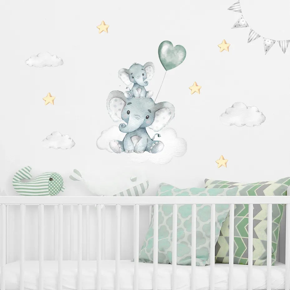 Cute Blue Moon Elephant & Stars Wall Stickers For Nursery Room Decor Removable Peel & Stick Wall Decals For Creative DIY Kid's Room Decor