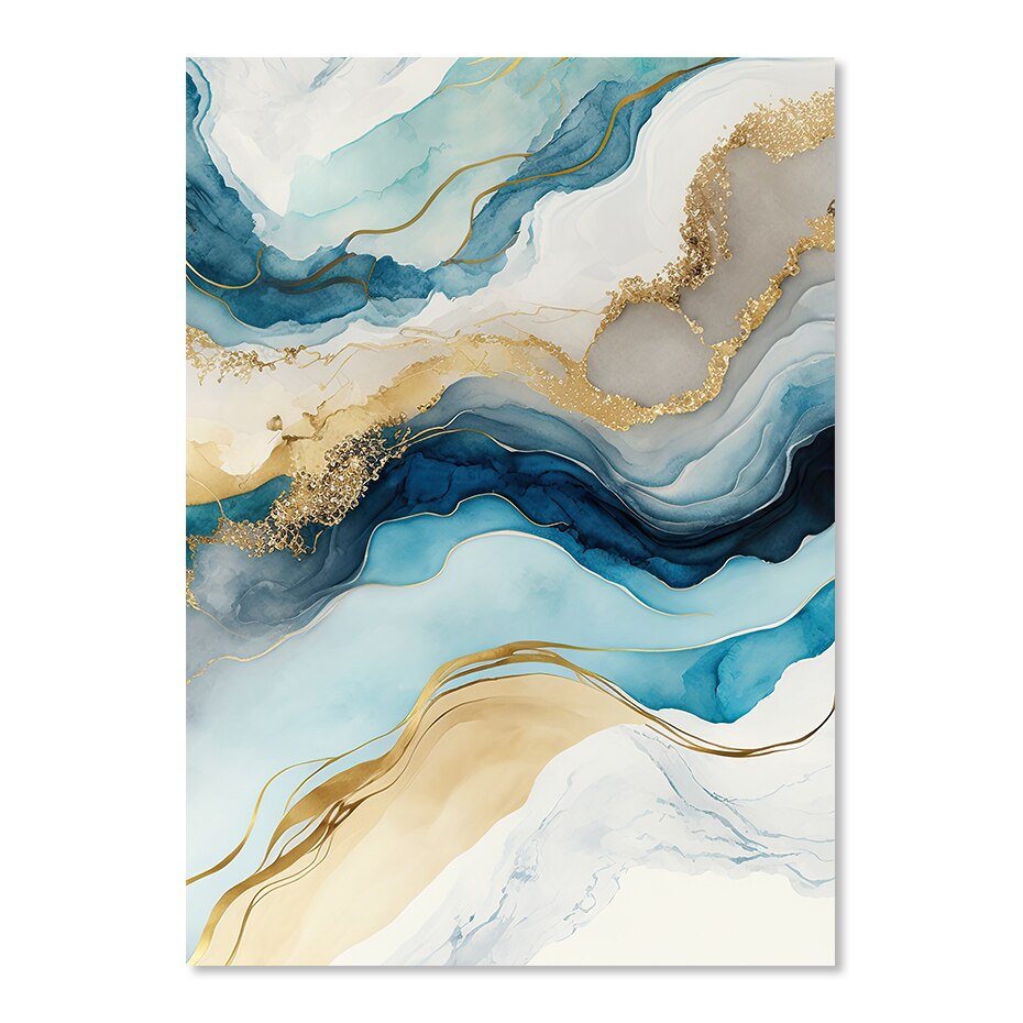 Abstract Blue Aqua Liquid Golden Marble Print Wall Art Fine Art Canvas Prints Pictures For Luxury Living Room Dining Room Home Office Decor