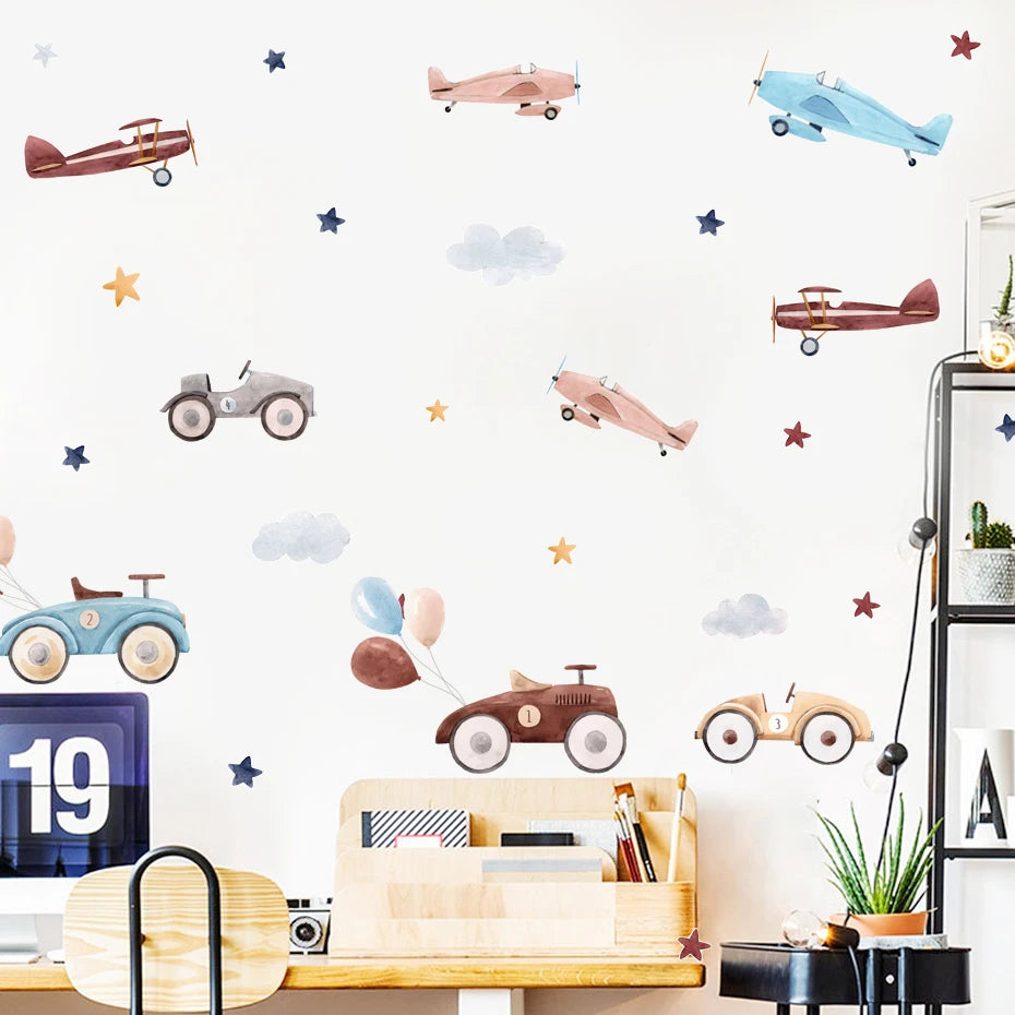 Planes Balloons & Automobiles Wall Sticks For Baby's Room Decor Removable Peel & Stick PVC Wall Decals For Creative Kid's Room Wall Decoration