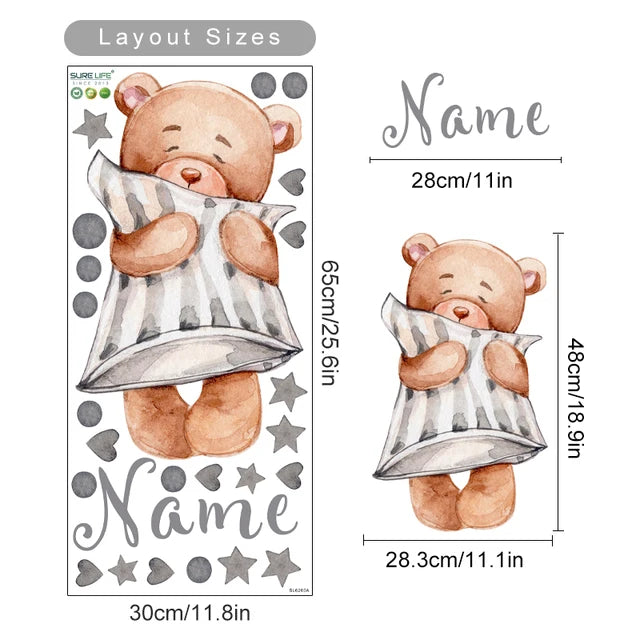 Personalized Bear Balloons Baby's Name Wall Decals For Nursery Room Removable Peel & Stick PVC Wall Stickers For Creative DIY Home Decor