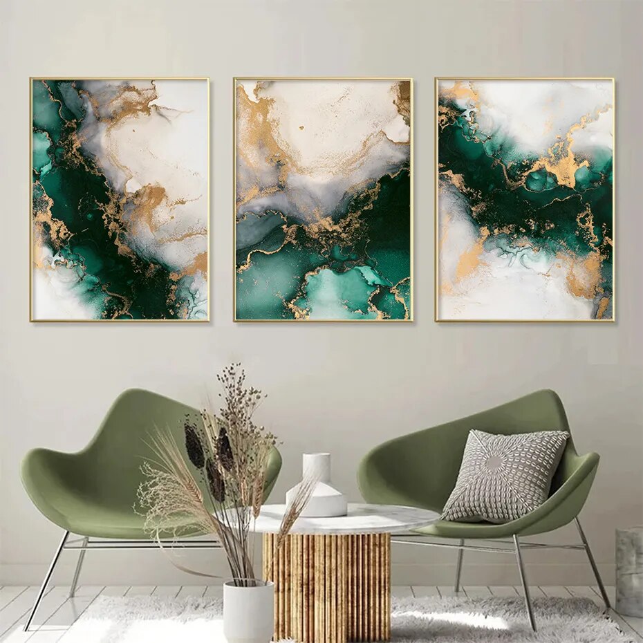 Nordic Green Beige Golden Liquid Marble Fine Art Canvas Prints Modern Abstract Pictures For Living Room Dining Room Home Office Art Decor.