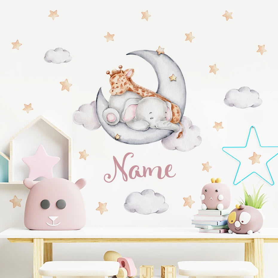 Personalized Baby's Name Wall Sticker For Nursery Room Cute Elephant Giraffe Moon & Stars Removable PVC Wall Decal For Kid's Room Wall Decor