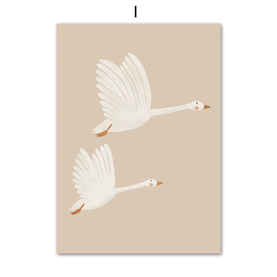 Fly High White Swan Cute Bunny Nursery Wall Art Fine Art Canvas Prints Modern Neutral Color Pictures For Modern Nursery Room Kid's Room Art Decor